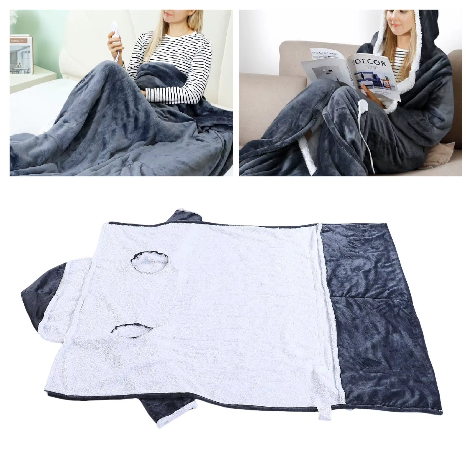 【Hot】50X70Inch Electric Wearable Blanket with Sleeves Hood and Foot Pocket Flannel 10 Heating Levels with 3 Time Settings